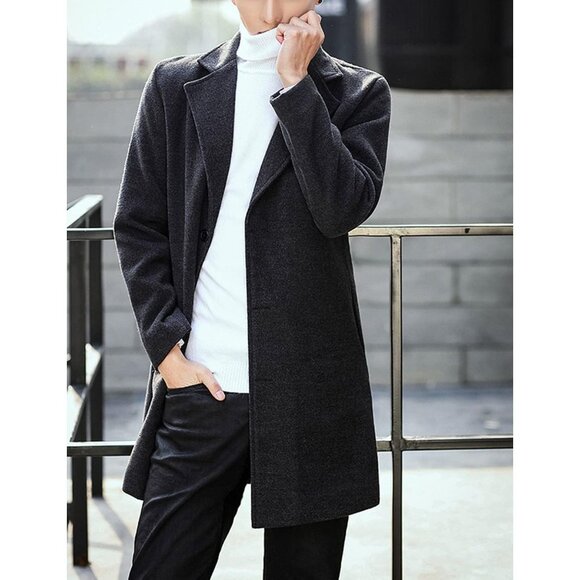 Men's Dark Gray Wool Blend Pea Coat Notched Collar Breasted Winter Trench Coat - Picture 4 of 7